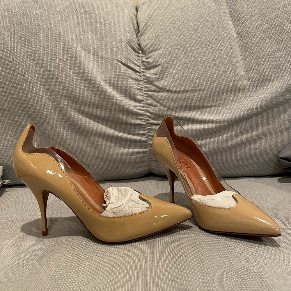 NEW Schutz Tan Patent Clear Scalloped Border Pointed High Heels 6 - Picture 5 of 16
